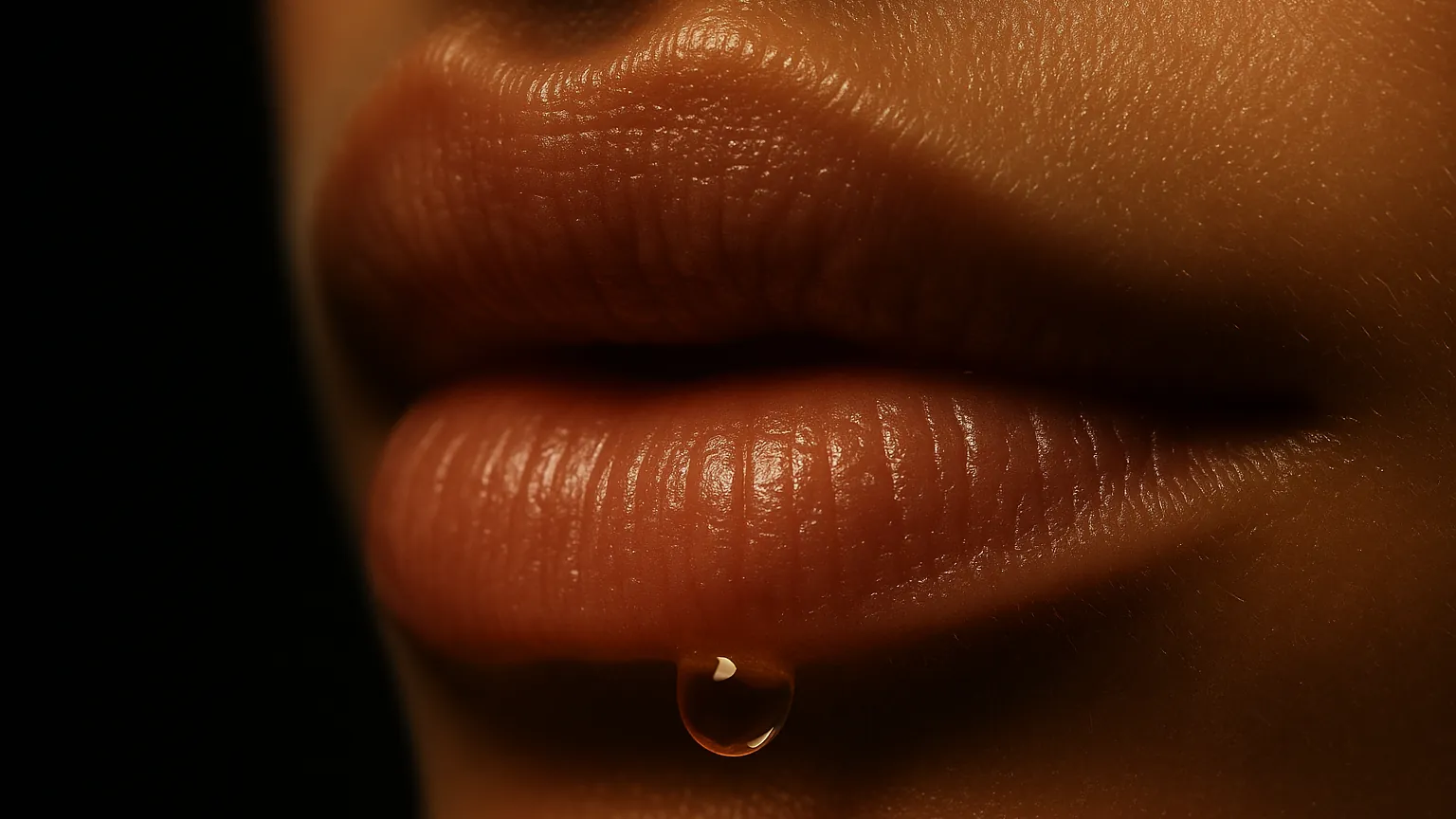 Macro of full lips in warm bronze light with a single droplet resting below the lower lip
